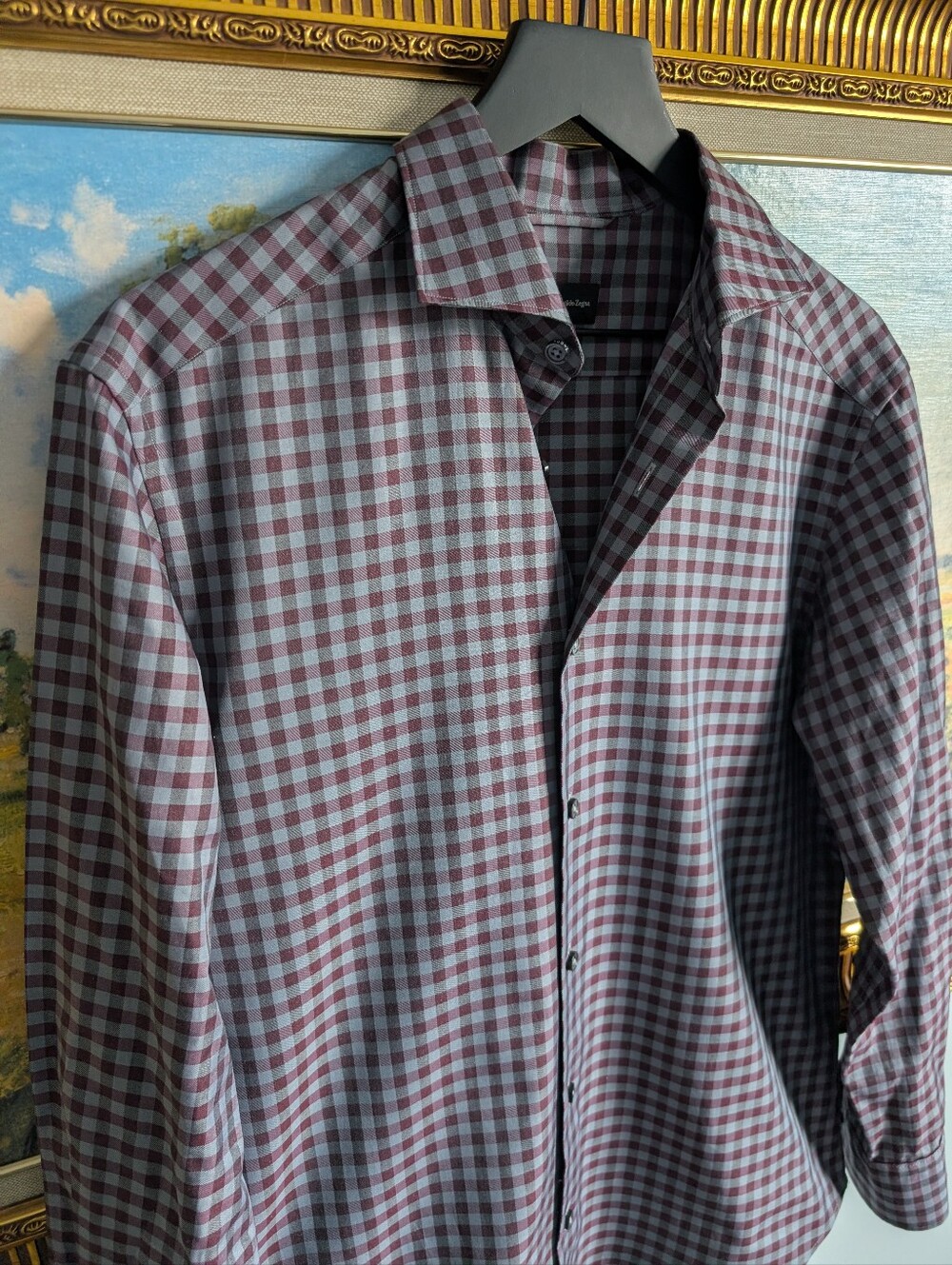 Ermenegildo Zegna Burgundy and Gray Checked Button-Down Shirt